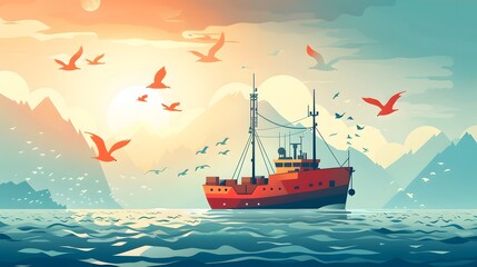 vector flat seafood sustainability achievement tracker for vendor compliance, animated path progress, cinematic view
