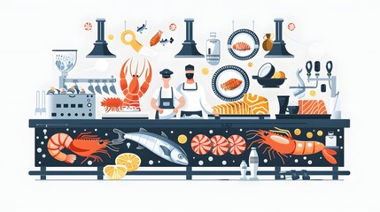 vector flat seafood product certification pipeline for vendors, simple flow with animated stamp, cinematic design