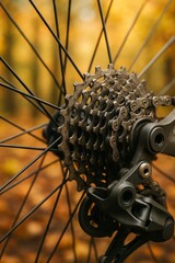 Fototapeta premium Close-up of bicycle gears set against vibrant autumn foliage. A technical view of cycling components in nature.
