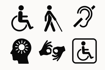 Disability and accessibility icons set – wheelchair, blind, hearing, mental health, sign language