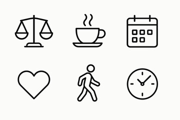 Work life balance icons set – scale, coffee, calendar, heart, walking, clock
