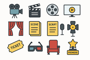 Cinema icons: camera, clapperboard, reel, screen, curtains, scene, script, microphone, light, chair, ticket, glasses, premiere