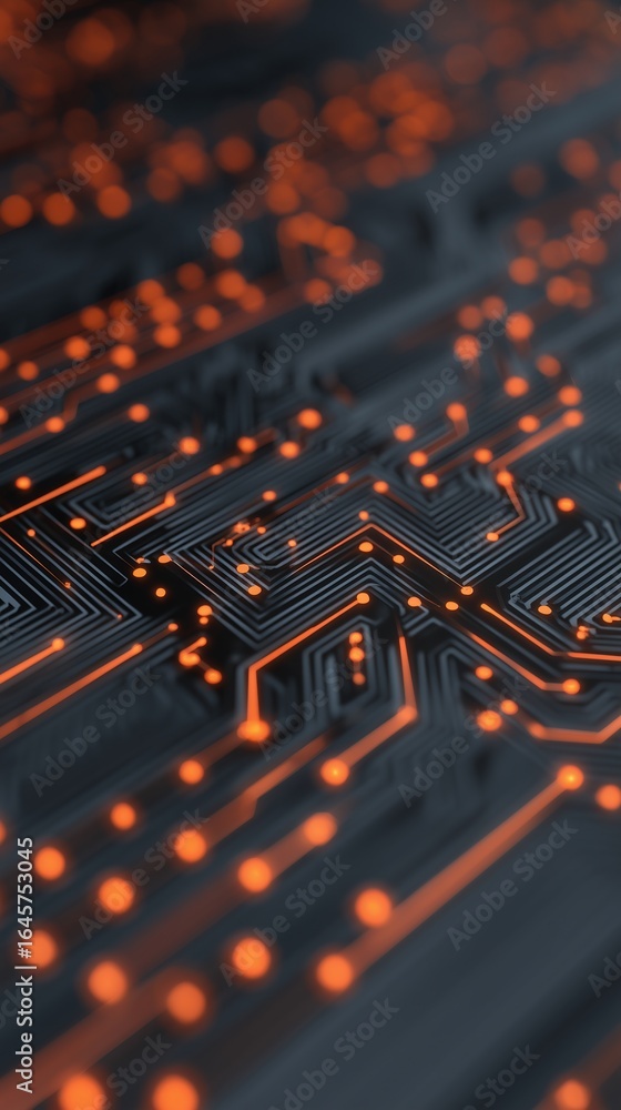 Aufkleber 3d rendering of glowing yellow and orange circuit board lines on dark blue background, abstract futu