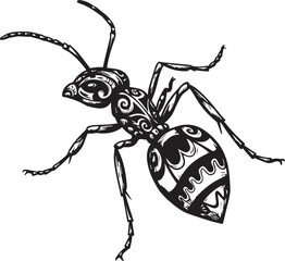 Black and white tribal ant illustration with detailed ornamental patterns insect