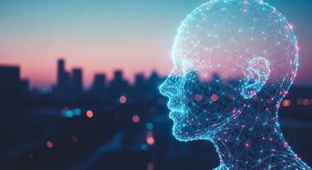 Digital human head overlayed on city skyline at twilight