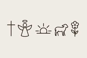 Minimal Easter icons set – cross, angel, sunrise, lamb, flower