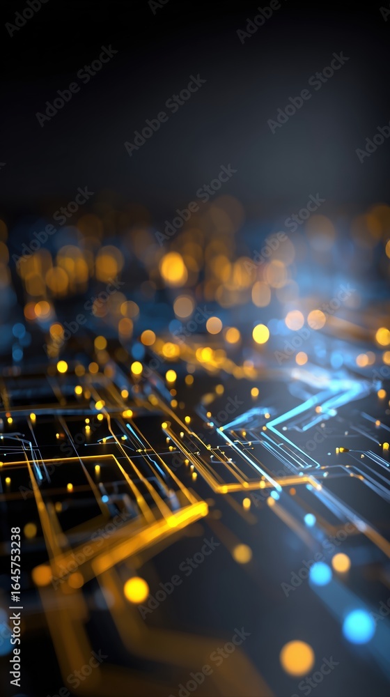 Aufkleber 3d rendering of glowing yellow and orange circuit board lines on dark blue background, abstract futu