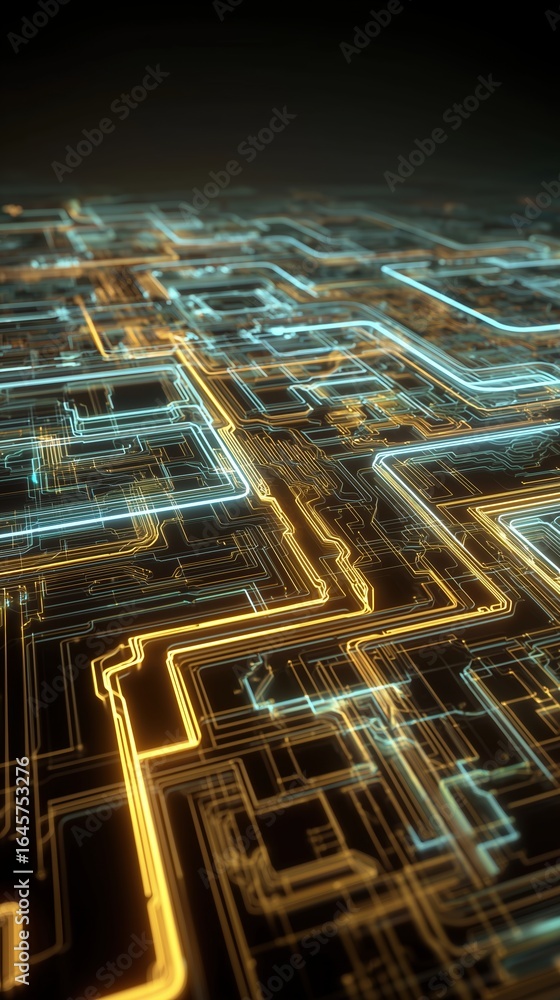 Aufkleber 3d rendering of glowing yellow and orange circuit board lines on dark blue background, abstract futu