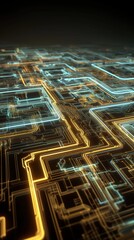 3D rendering of glowing yellow and orange circuit board lines on dark blue background, abstract futuristic technology concept with light trails and digital data flow, hyperrealistic style.