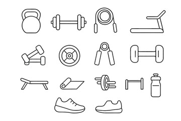 Outline icons of gym equipment including dumbbells, kettlebell, and treadmill