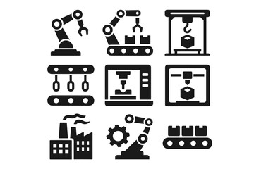 Industrial Automation Icons Set – Factory, Robotic Arm, Conveyor Belt, Machine, Production