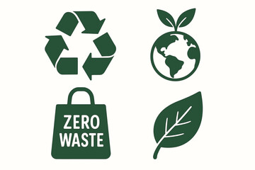 Eco and Zero Waste Icons Set – Recycling, Green Planet, Leaf, Sustainable Living