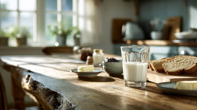 Morning sunlight illuminates a rustic wooden table set with milk bread butter and jam