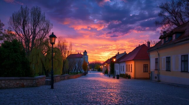 Vibrant sunset over a European cobblestone street with old buildings and illuminated lamps