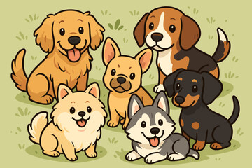 Obraz premium Cute Dog Breeds Illustration – Cartoon Puppies and Pets Collection