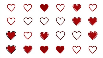 Twenty four red and outline heart shapes arranged in a grid pattern on a white background