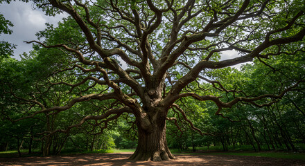 Obraz premium Oak tree in a sunny park surrounded by green grass and foliage