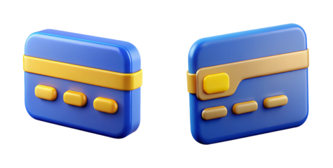 Two blue credit cards with yellow stripes isolated on transparent background