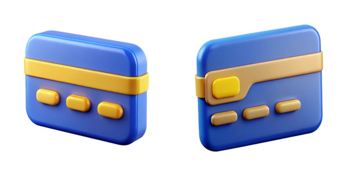 Two blue credit cards with yellow stripes isolated on transparent background