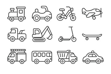 Set of outline icons for various vehicles: car, bike, plane, truck, scooter, skateboard