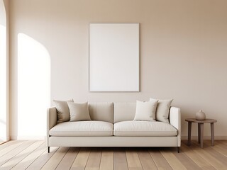 Fototapeta premium Beige sofa with pillows beneath a blank framed poster in a minimalist living room mockup with a side table