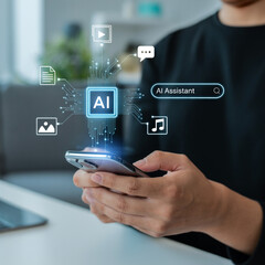 Fototapeta premium Person using AI assistant app on smartphone; modern technology, digital lifestyle, futuristic interface.