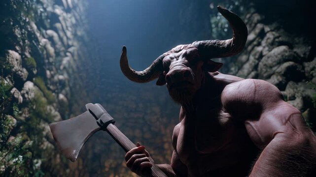 Angry Minotaur in Cave Holding Axe