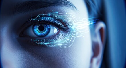 Eye closeup w/ digital overlay, circuit pattern. Bright blue and white tones