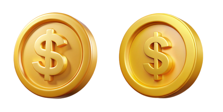 Two golden coins with dollar signs isolated on transparent background - Powered by Adobe