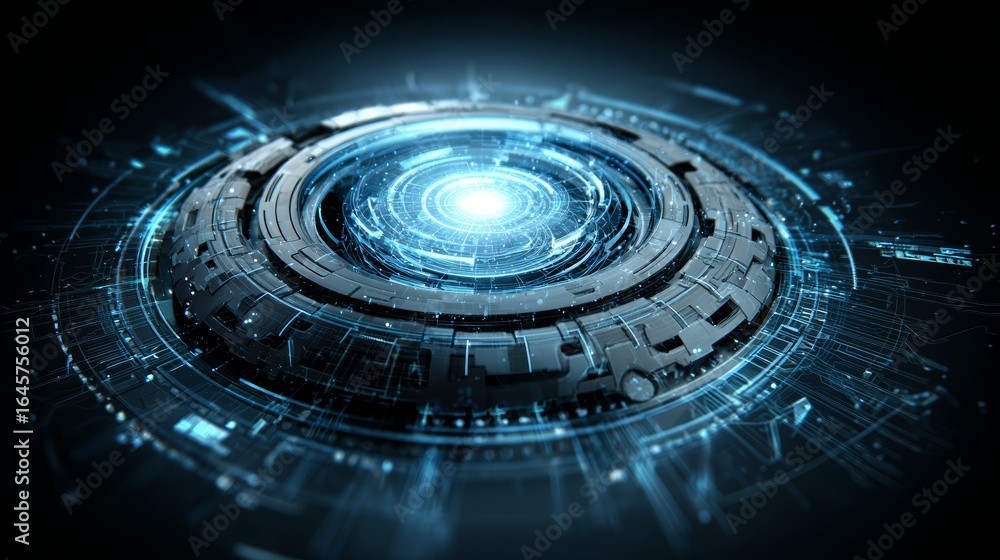 Poster mesmerizing blue orb, abstract circular design on dark background for modern projects
