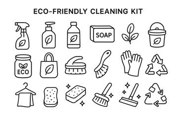 Fototapeta premium Eco-friendly cleaning kit with soap, gloves, and recycling symbols