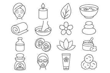 Spa and wellness line icons: candle, flower, massage, aromatherapy, skincare elements