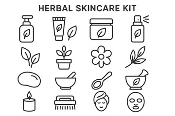 Herbal skincare kit icons: natural beauty and wellness elements