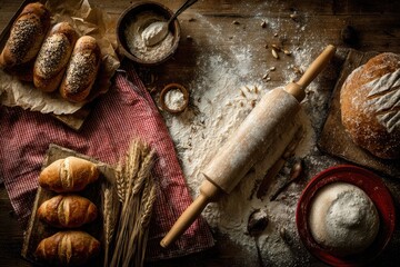 Overhead view of assorted baked goods and baking ingredients on a rustic wooden table