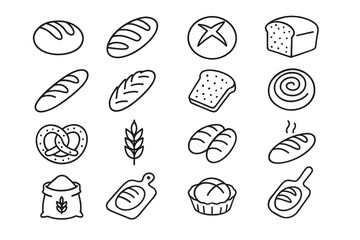 Variety of bread and bakery icons featuring loaves, rolls, pretzel, muffin, and wheat