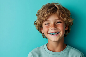 cute teenage boy with braces on the teeth in studio on blue background