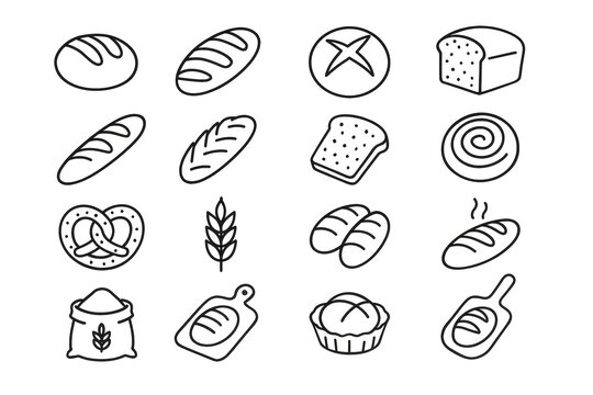Variety of bread and bakery icons featuring loaves, rolls, pretzel, muffin, and wheat