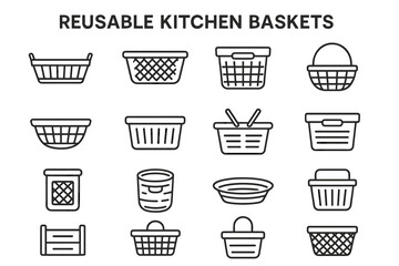Collection of reusable kitchen baskets - various styles and shapes
