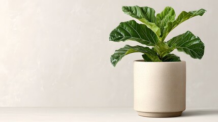 Fototapeta premium Light beige planter with vibrant green fiddle leaf fig.