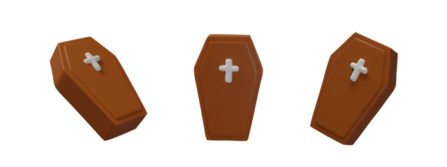 A 3D coffin and casket designed in a brown wooden style with a white cross on the lid, shown as a set from different angles. Halloween scenes, spooky decorations, and horror-themed designs.