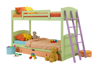 Colorful bunk bed setup for kids playroom furniture bright environment eye-level child-friendly. Cut out png