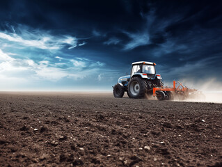 Tractor plowing field under dramatic sky at sunset