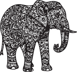 Black and white tribal elephant illustration with detailed mandala-like patterns animal wildlife
