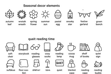 Seasonal decor elements and cozy reading time icons collection