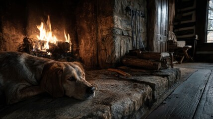 Dog by cozy fireplace
