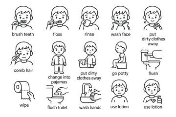 Daily routine for boys: hygiene and self-care activities illustrated