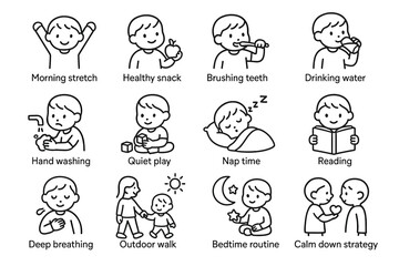 Daily routine activities for children: morning, snack, hygiene, play, sleep, reading