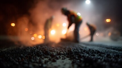 Construction workers paving asphalt on a road infrastructure project at night