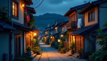 Fototapeta premium A serene evening descends upon a quaint urban neighborhood. Warm light spills from the windows of compact, multi story homes with tiled roofs and intricate wooden detailing