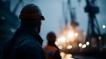 Silhouetted shipyard workers operating cranes at dock